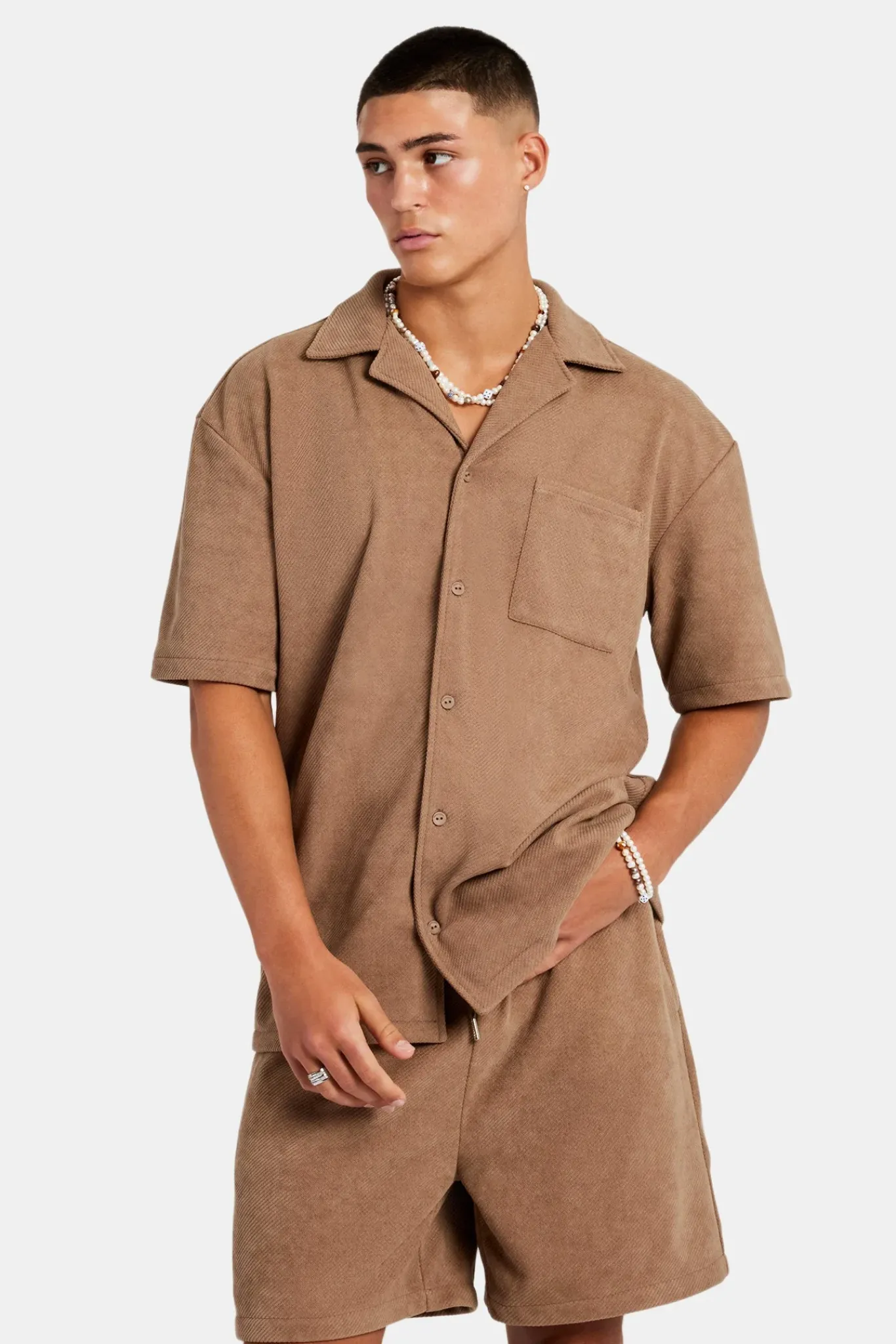 CLO-SET Heavyweight Textured Shirt & Short Set - Mocha