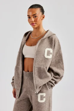 Women CLO-TOP-HS-HOOD-KTW Hooded Zip Through Knitted Jumper - Taupe