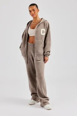 Women CLO-TOP-HS-HOOD-KTW Hooded Zip Through Knitted Jumper - Taupe
