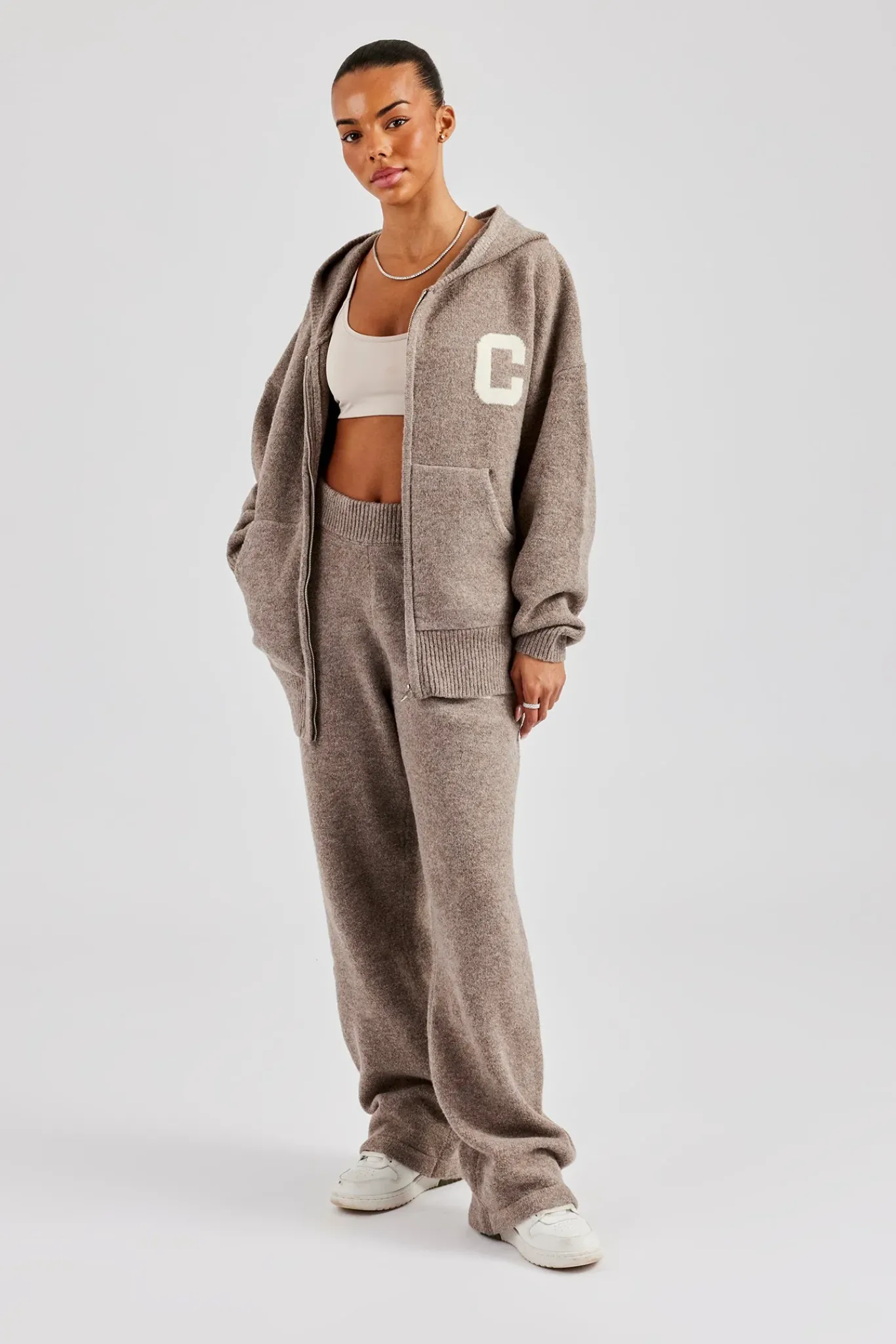 Women CLO-TOP-HS-HOOD-KTW Hooded Zip Through Knitted Jumper - Taupe