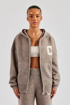 Women CLO-TOP-HS-HOOD-KTW Hooded Zip Through Knitted Jumper - Taupe