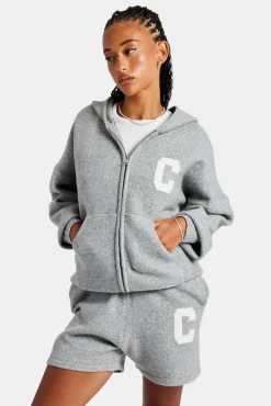 Women CLO-TOP-HS-HOOD-KTW Hooded Zip Through Knitted Jumper - Grey