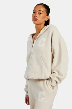 Women CLO-TOP-HS-HOOD-KTW Hooded Zip Through Knitted Jumper - Oatmeal