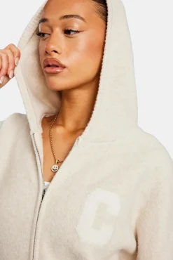 Women CLO-TOP-HS-HOOD-KTW Hooded Zip Through Knitted Jumper - Oatmeal
