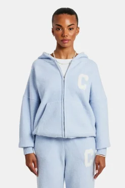 Women CLO-TOP-HS-HOOD-KTW Hooded Zip Through Knitted Jumper - Light Blue