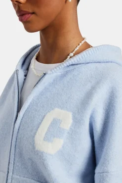 Women CLO-TOP-HS-HOOD-KTW Hooded Zip Through Knitted Jumper - Light Blue