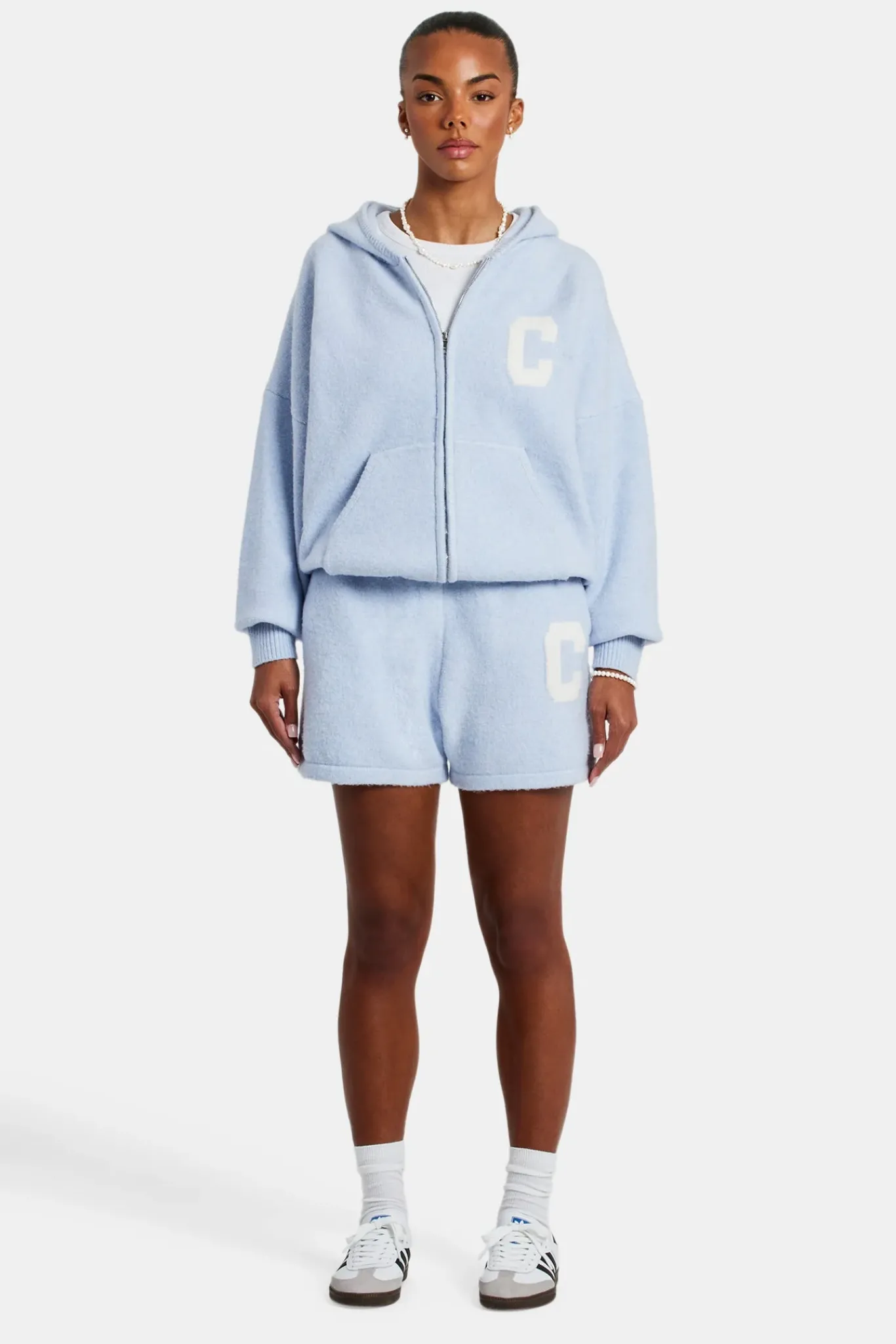 Women CLO-SET-KTW Hooded Zip Through Knitted Short Tracksuit - Light Blue