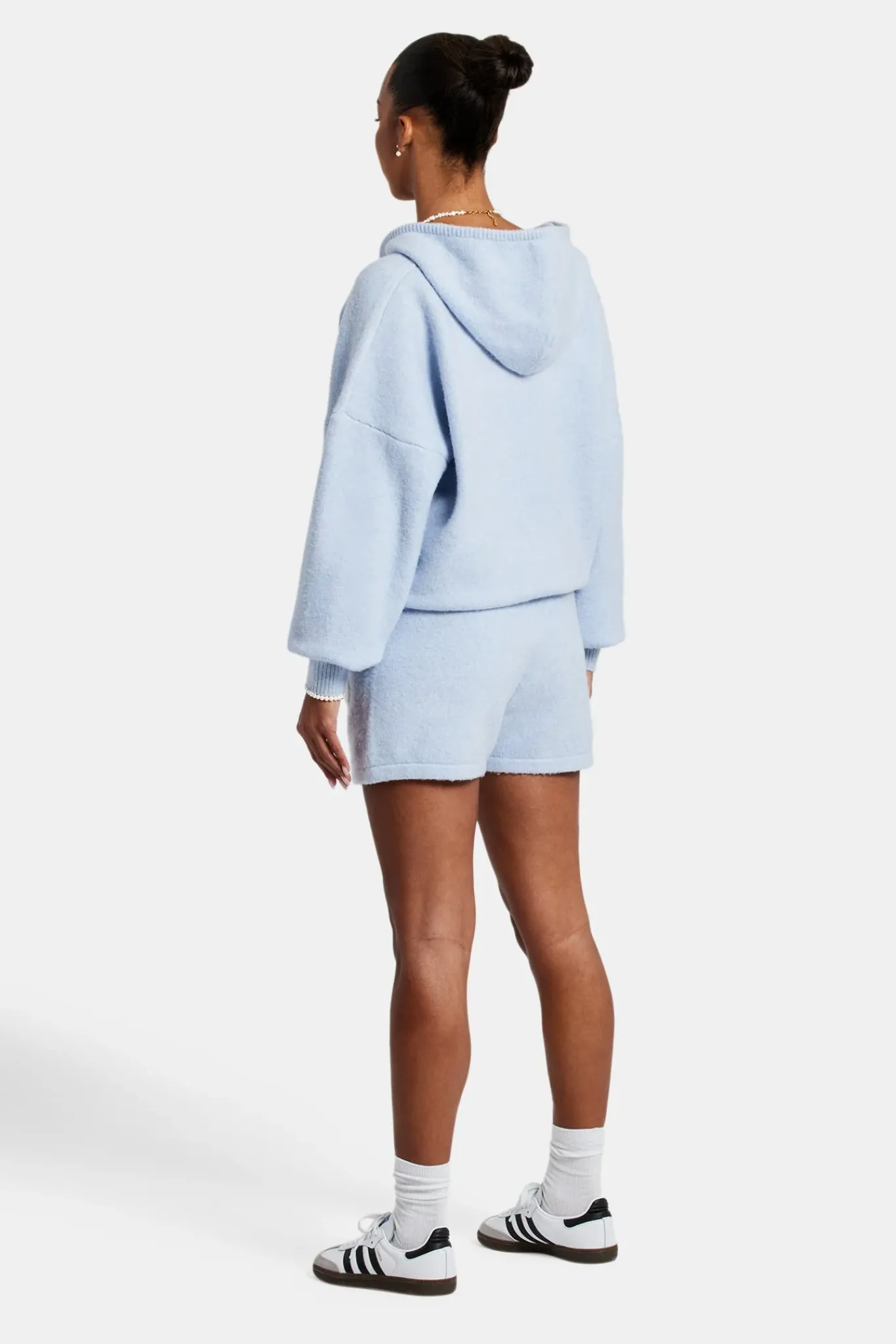 Women CLO-SET-KTW Hooded Zip Through Knitted Short Tracksuit - Light Blue