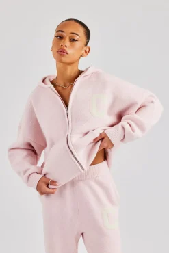 Women CLO-TOP-HS-HOOD-KTW Hooded Zip Through Knitted Jumper - Baby Pink