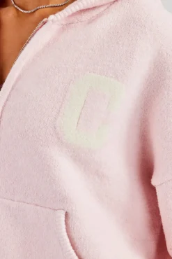 Women CLO-TOP-HS-HOOD-KTW Hooded Zip Through Knitted Jumper - Baby Pink