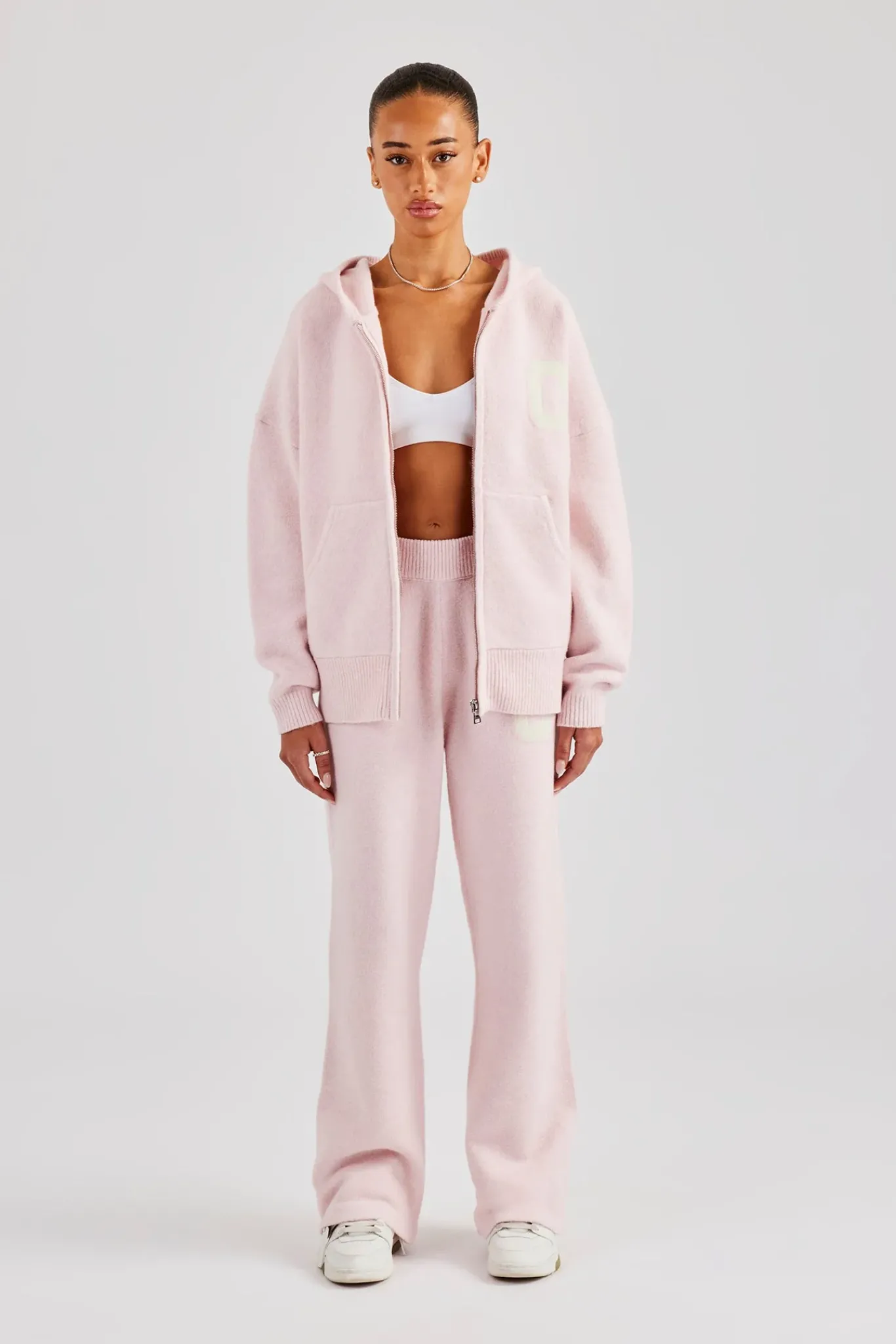Women CLO-SET-KTW Hooded Zip Through Knitted Tracksuit - Baby Pink
