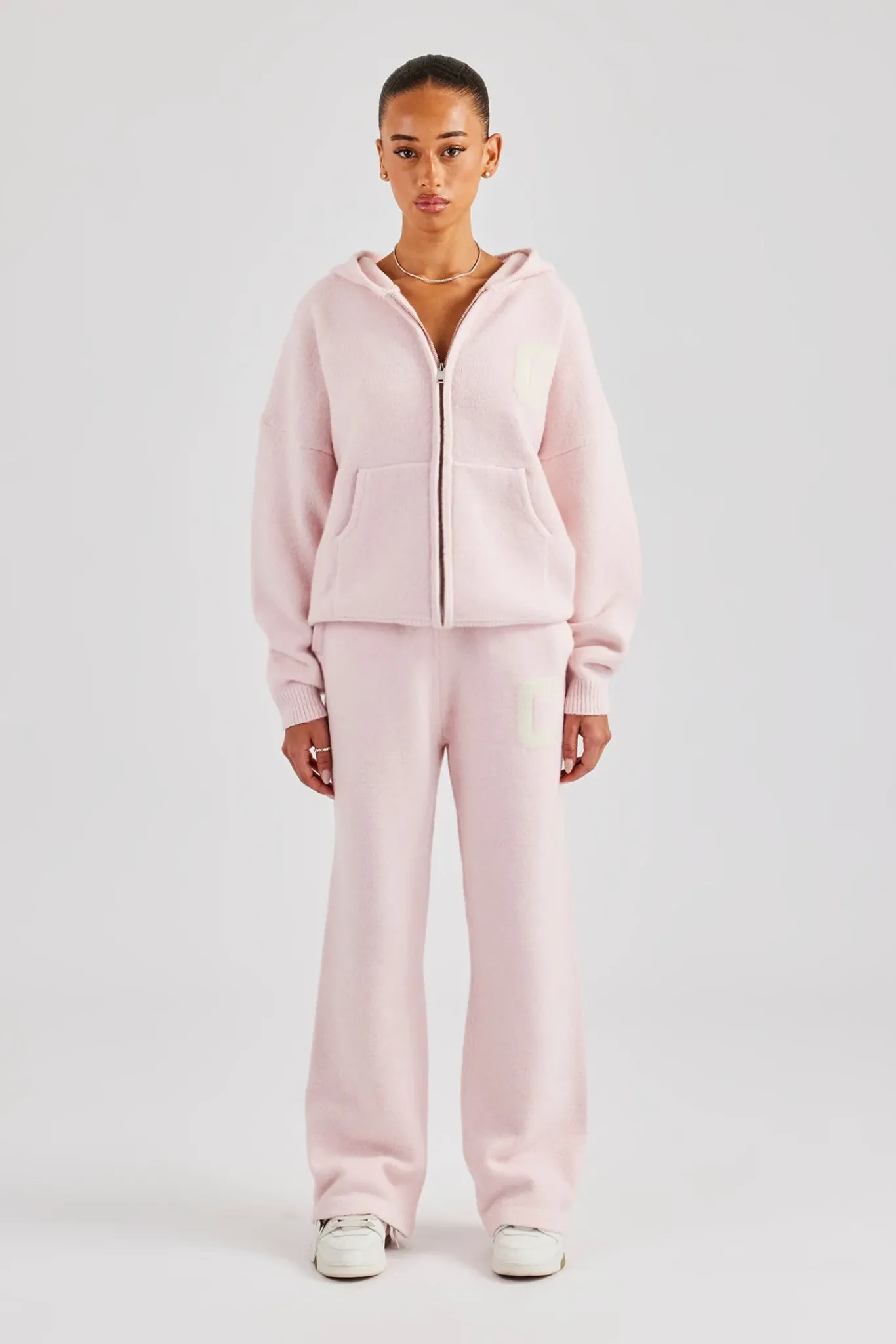 Women CLO-SET-KTW Hooded Zip Through Knitted Tracksuit - Baby Pink