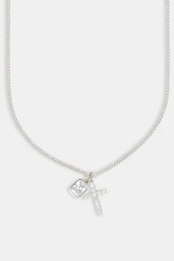 JWL-NECK Iced Cross & Clear Gemstone Layered Necklace - 20mm