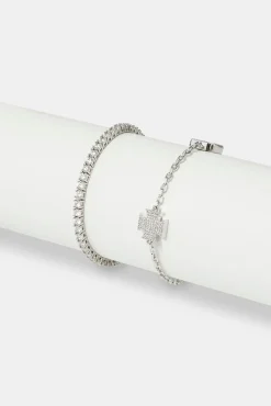 JWL-BUND Iced Cross Motif Bracelet & 3mm Tennis Bracelet - White