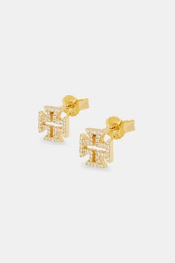 JWL-EAR Iced Cross Motif Outline Stud Earrings - 8mm - Gold