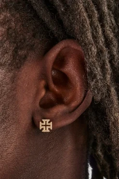 JWL-EAR Iced Cross Motif Outline Stud Earrings - 8mm - Gold