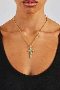 Women JWL-PEND Iced Dark Green Gemstone Cross Cuban Necklace - 40mm