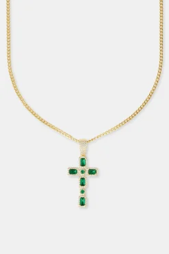 Women JWL-PEND Iced Dark Green Gemstone Cross Cuban Necklace - 40mm