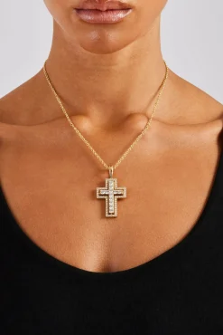 Women JWL-NECK Iced Double Iced  Cross Necklace - 45mm - Gold