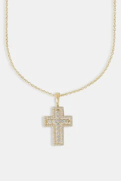 Women JWL-NECK Iced Double Iced  Cross Necklace - 45mm - Gold