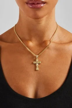 Women JWL-NECK Iced Green Gemstone Cross Cuban Necklace - 40mm