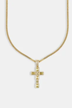 Women JWL-NECK Iced Green Gemstone Cross Cuban Necklace - 40mm
