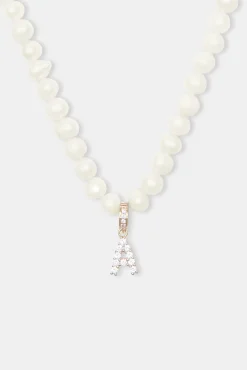 Women JWL-PEND Iced Initial Clip On Pendant + 6mm Pearl Chain