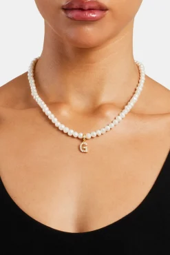 Women JWL-PEND Iced Initial Clip On Pendant + 6mm Pearl Chain