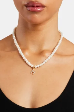 Women JWL-PEND Iced Initial Clip On Pendant + 6mm Pearl Chain