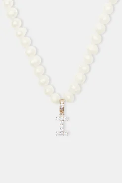 Women JWL-PEND Iced Initial Clip On Pendant + 6mm Pearl Chain