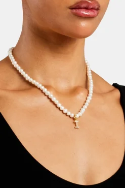 Women JWL-PEND Iced Initial Clip On Pendant + 6mm Pearl Chain