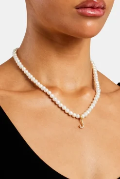 Women JWL-PEND Iced Initial Clip On Pendant + 6mm Pearl Chain