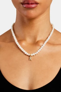 Women JWL-PEND Iced Initial Clip On Pendant + 6mm Pearl Chain