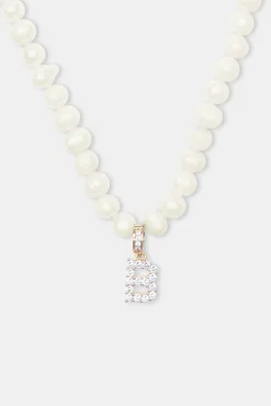Women JWL-PEND Iced Initial Clip On Pendant + 6mm Pearl Chain