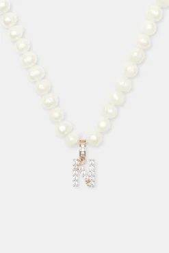 Women JWL-PEND Iced Initial Clip On Pendant + 6mm Pearl Chain
