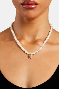Women JWL-PEND Iced Initial Clip On Pendant + 6mm Pearl Chain