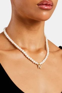 Women JWL-PEND Iced Initial Clip On Pendant + 6mm Pearl Chain