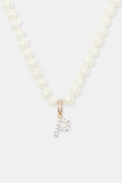 Women JWL-PEND Iced Initial Clip On Pendant + 6mm Pearl Chain