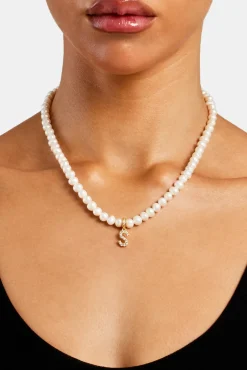 Women JWL-PEND Iced Initial Clip On Pendant + 6mm Pearl Chain