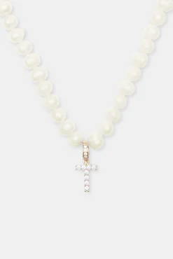 Women JWL-PEND Iced Initial Clip On Pendant + 6mm Pearl Chain