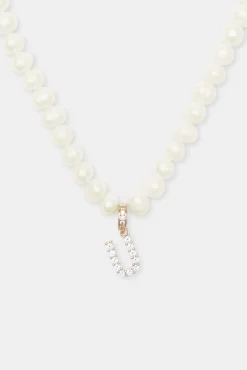 Women JWL-PEND Iced Initial Clip On Pendant + 6mm Pearl Chain