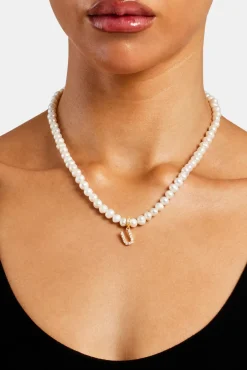 Women JWL-PEND Iced Initial Clip On Pendant + 6mm Pearl Chain