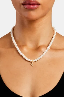 Women JWL-PEND Iced Initial Clip On Pendant + 6mm Pearl Chain