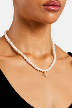 Women JWL-PEND Iced Initial Clip On Pendant + 6mm Pearl Chain