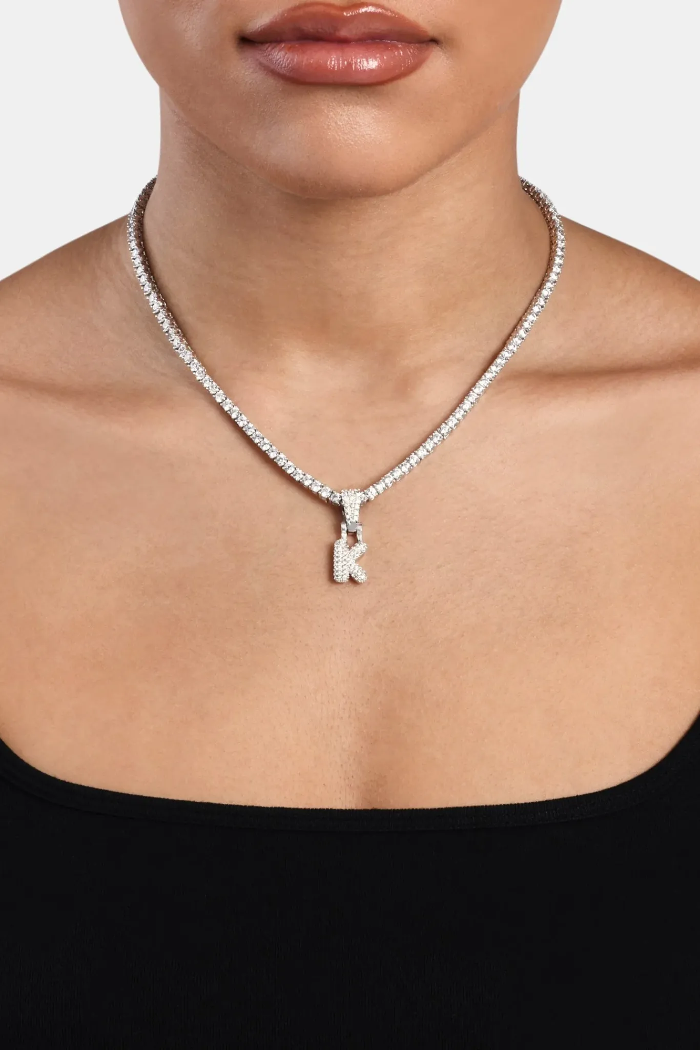 Women JWL-PEND Iced Mini Bubble Pendant & Tennis Chain - White 3mm