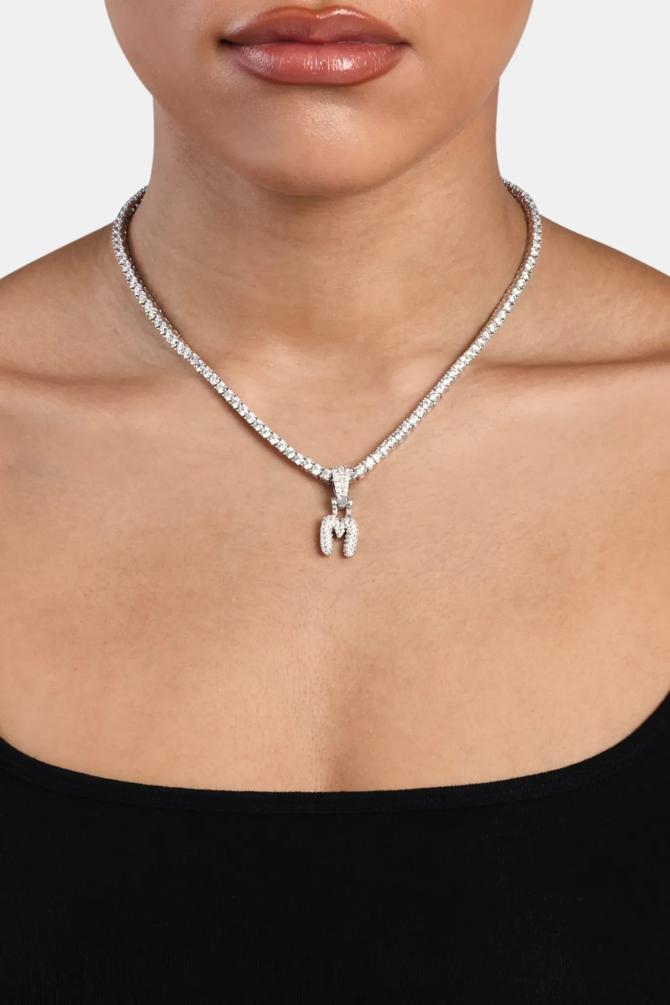 Women JWL-PEND Iced Mini Bubble Pendant & Tennis Chain - White 3mm