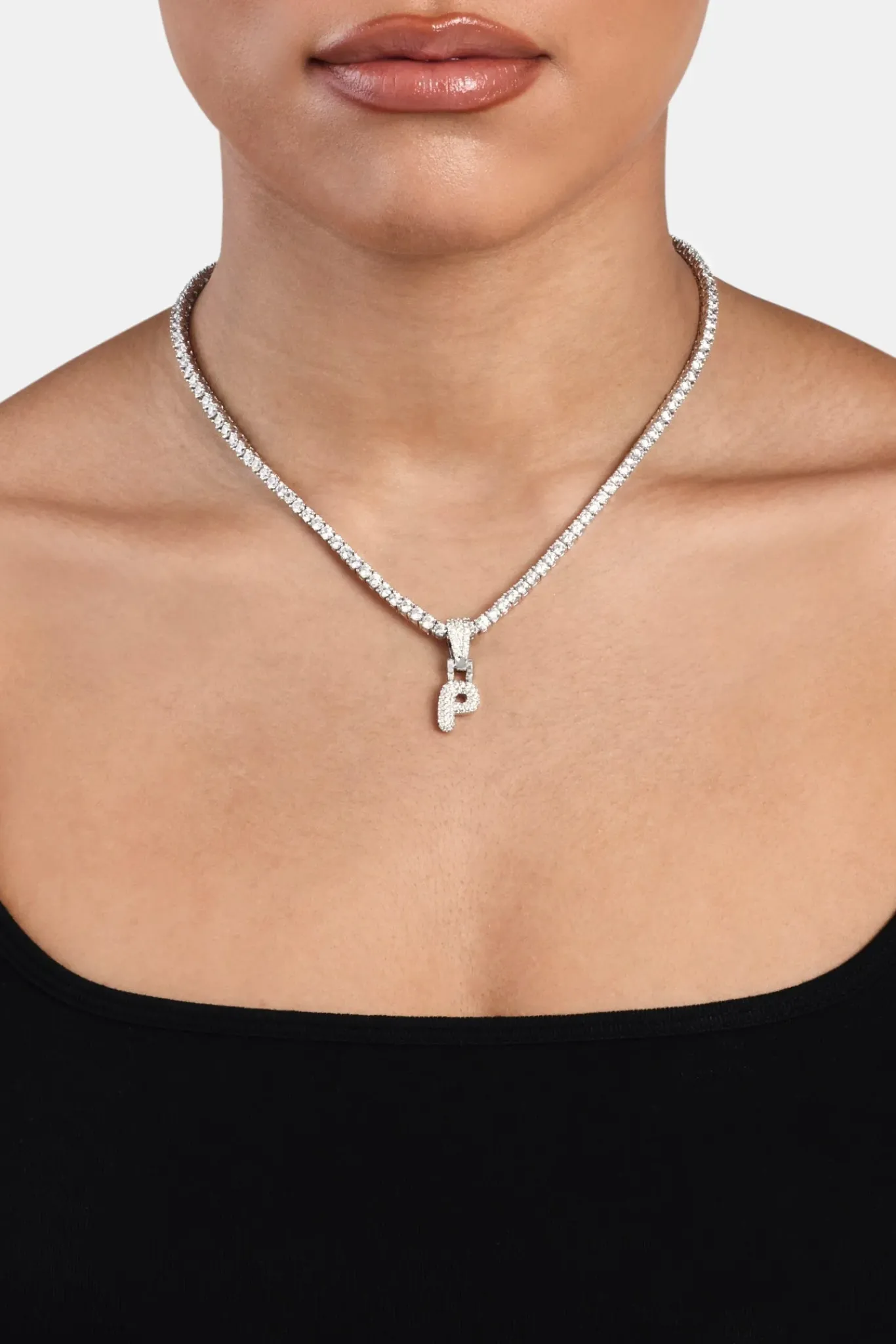 Women JWL-PEND Iced Mini Bubble Pendant & Tennis Chain - White 3mm