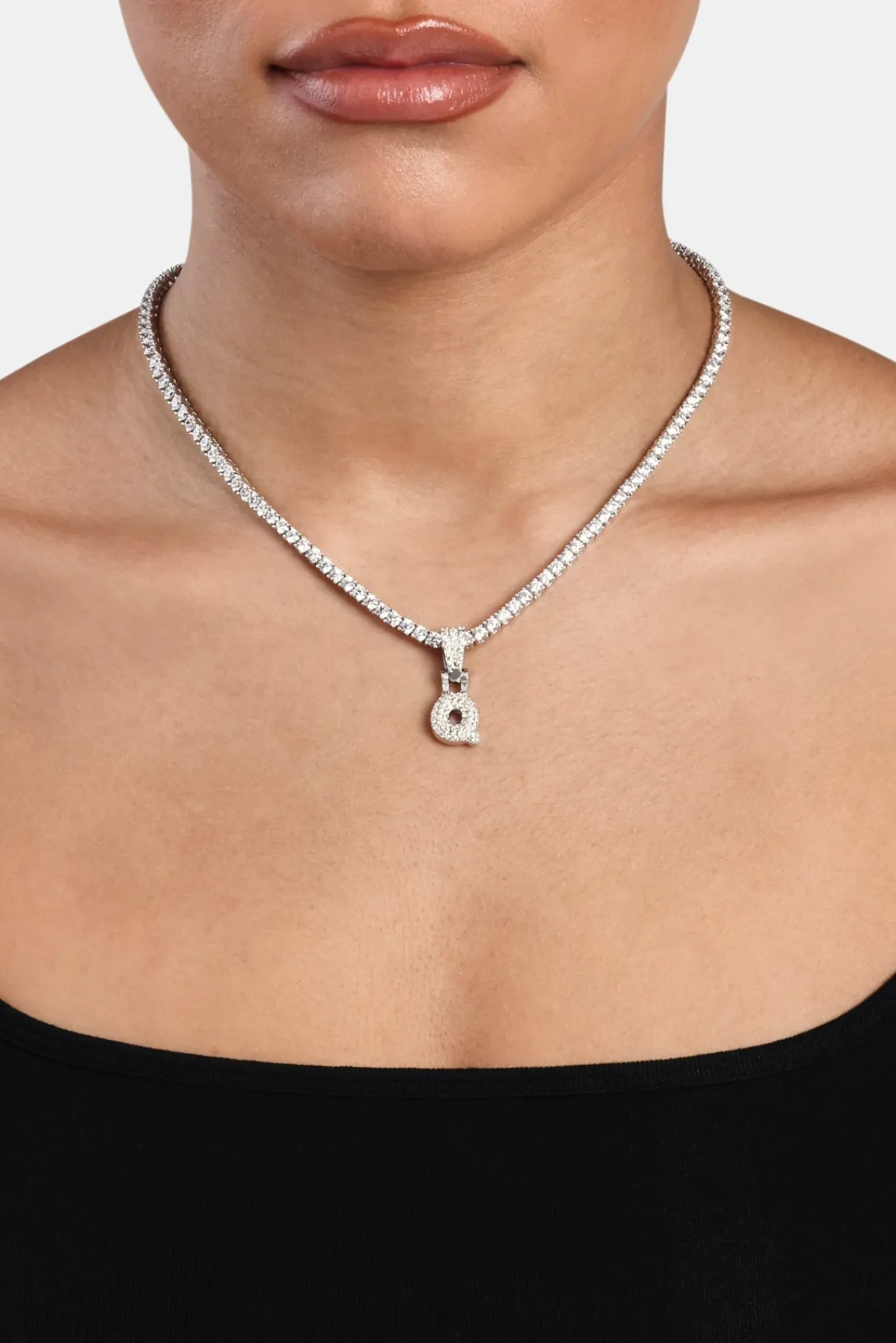Women JWL-PEND Iced Mini Bubble Pendant & Tennis Chain - White 3mm