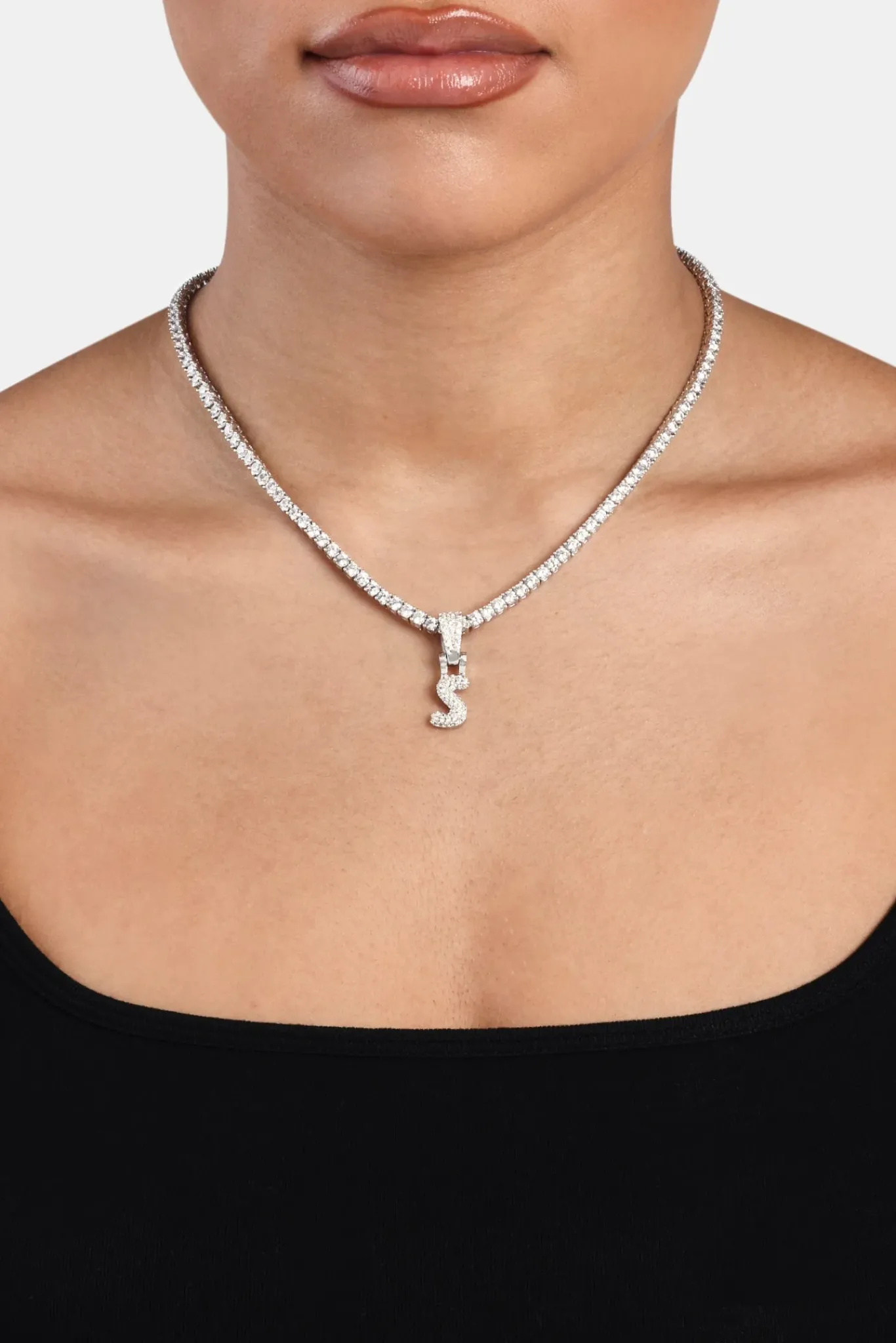 Women JWL-PEND Iced Mini Bubble Pendant & Tennis Chain - White 3mm
