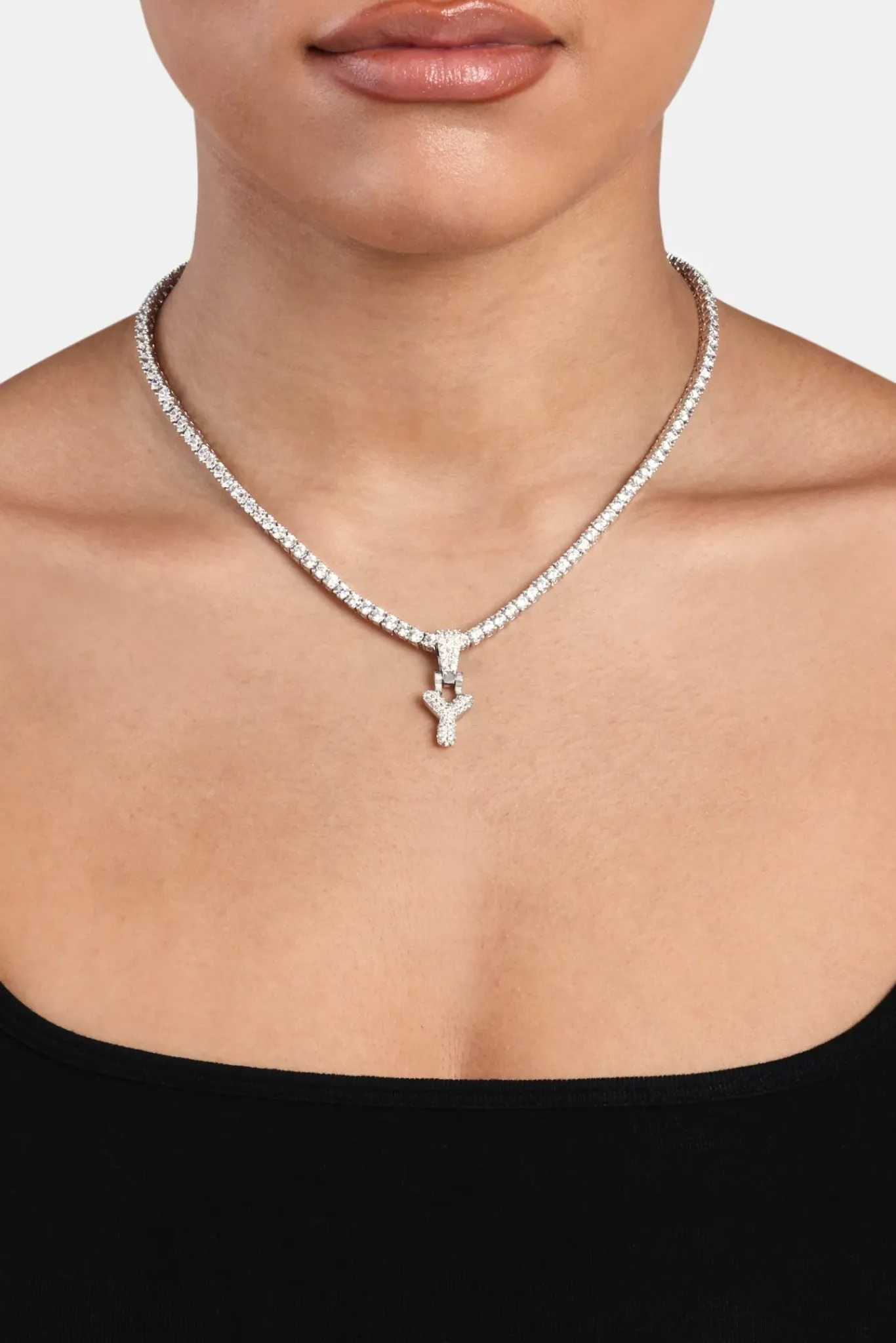 Women JWL-PEND Iced Mini Bubble Pendant & Tennis Chain - White 3mm